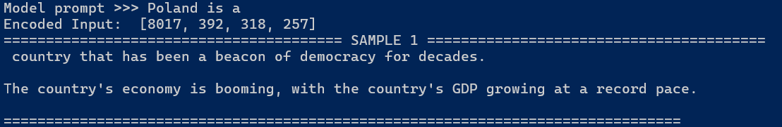 Wynik uruchomienia oryginalnego kodu GPT-2 w Pythonie